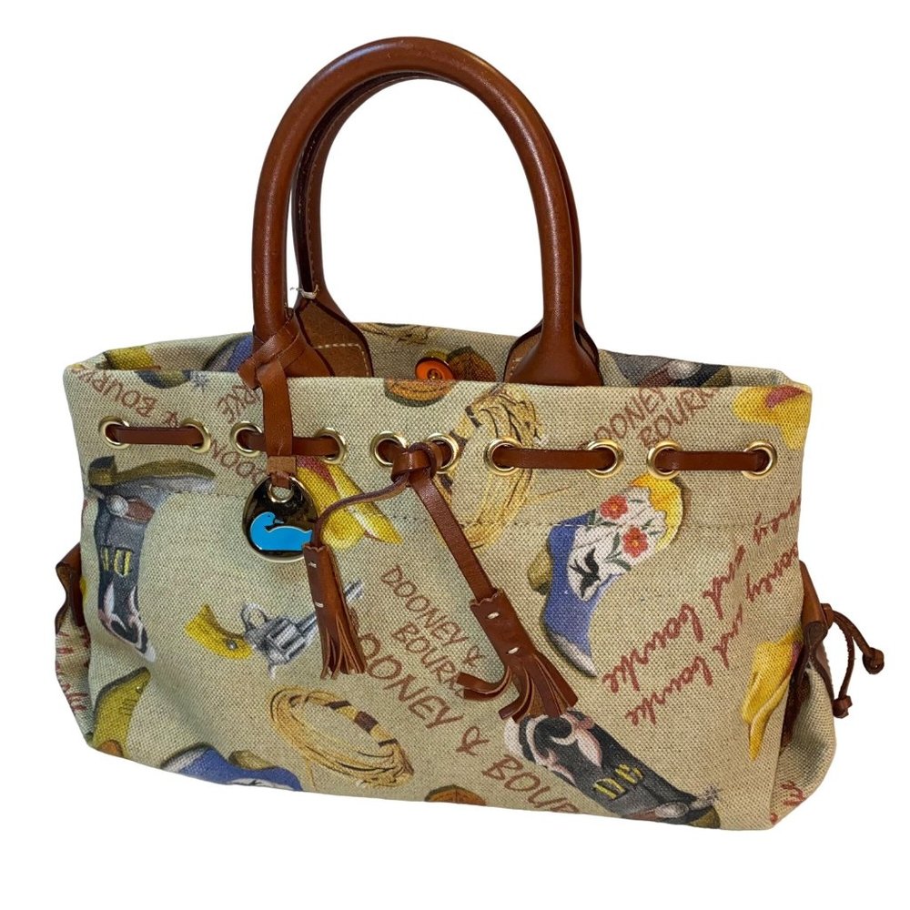 Dooney & Bourke Tan Canvas Tote with Brown Leather Trim and Multicolor Accents